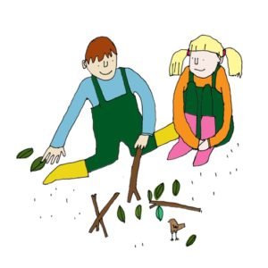 girl and boy playing with sticks